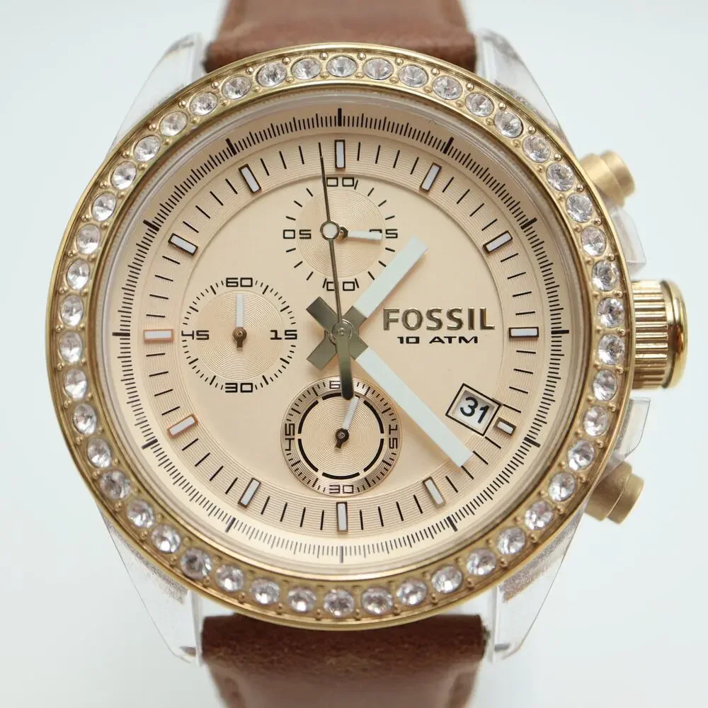 Fossil Decker Womens 42mm Chronograph Watch Brown Leather CH2724 w New Battery